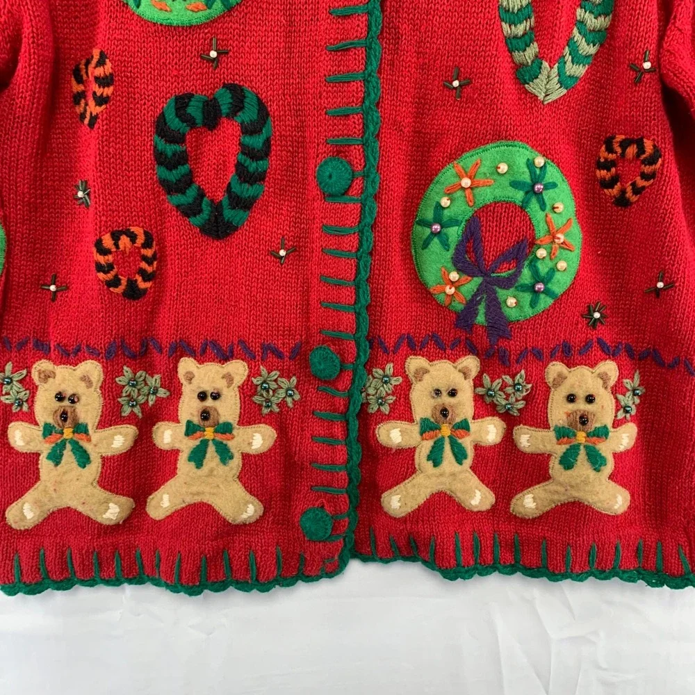 Hampshire Studio Cardigan Women‎ M Red Christmas Teddy Bear Applique Sweater